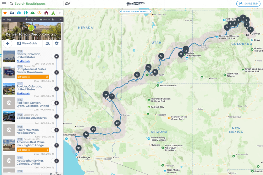 Denver to San Diego RoadTrippers Map